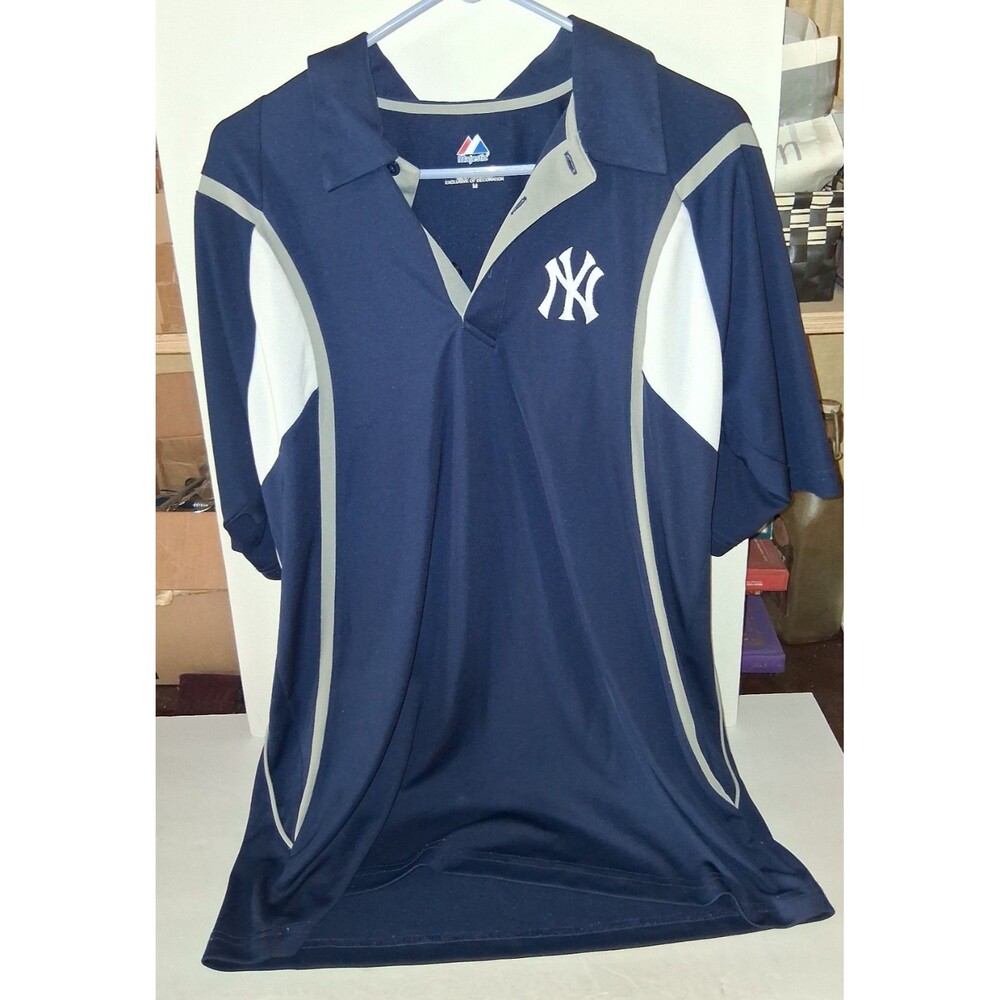 New York Yankees MLB Majestic Blue Embroidered Short Sleeve Polo Shirt Sz M